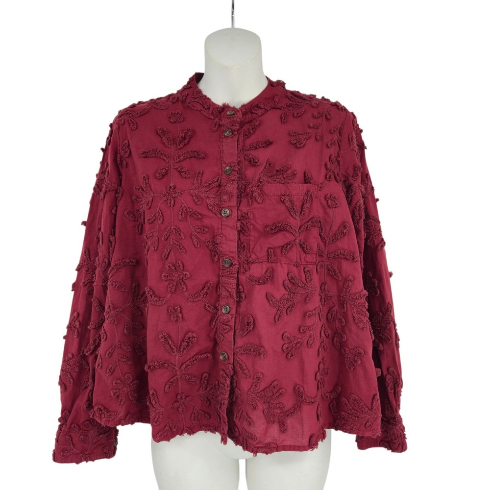 Pilcro Anthropologie Button Front Top Women XS Burgundy Textured Embroidered